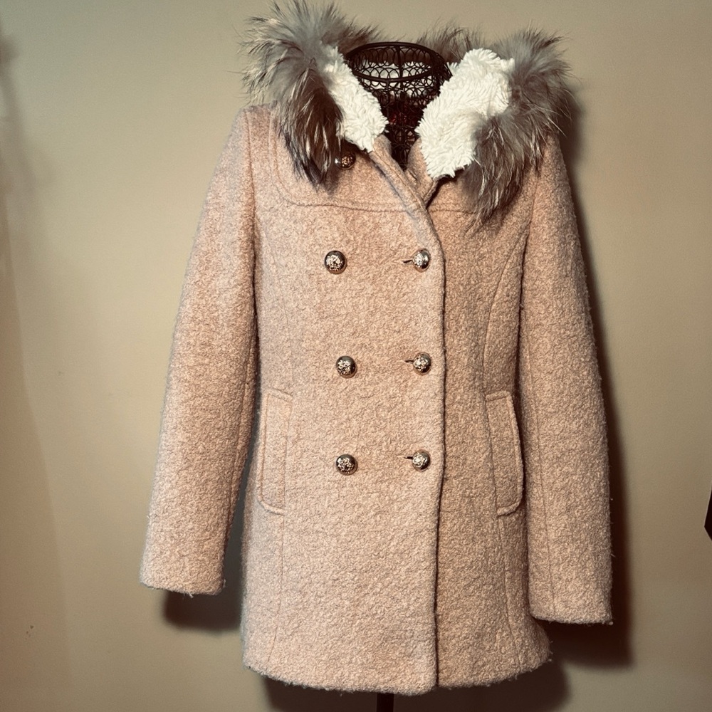 Women's Tan Double-Breasted Coat with Real Fur